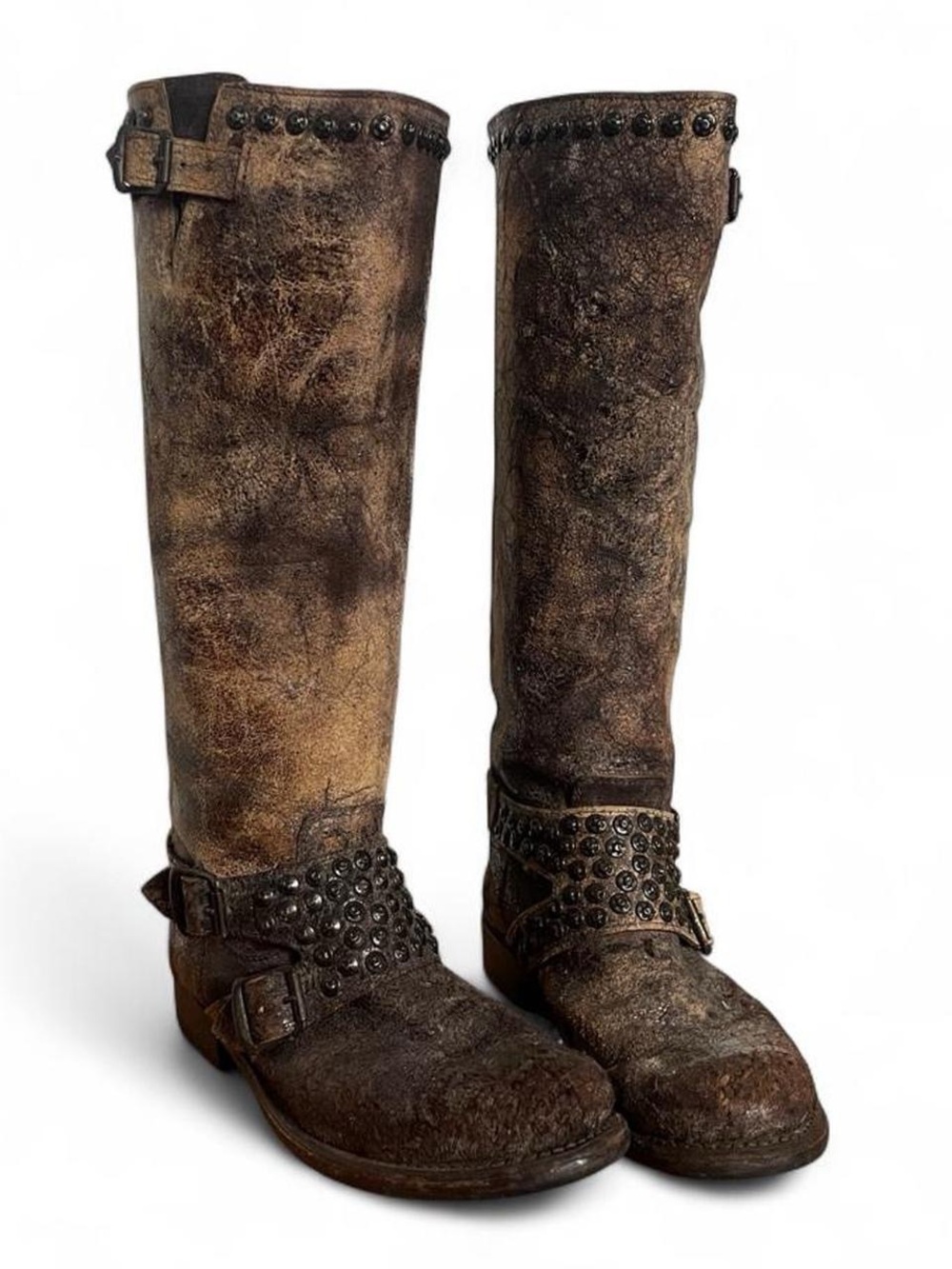 Frye Distressed Brown Studded Leather Knee Riding Boots - Picture 2 of 7